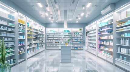 Modern clean a drugstore room with full of shelves of containing medicines. Generated AI image - obrazy, fototapety, plakaty