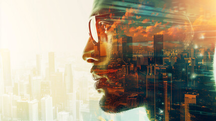 Naklejka na ściany i meble Double exposure of a contemplative man in glasses overlaying a bustling cityscape bathed in the warm glow of sunrise