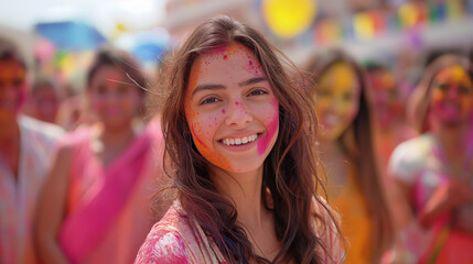 Young European girl with colourful Holi powder on her body with other persons is celebrating Holi holiday. Selective focus. Copy space