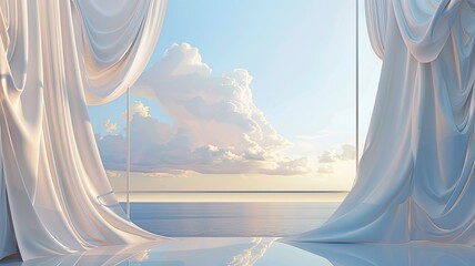 the sky as viewed from a balcony, presenting it in the style of detailed drapery, offering a serene and picturesque backdrop reminiscent of oceanic vistas.