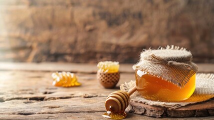 Fresh golden honey in glass jar on wooden table copy space background. Generated AI image - obrazy, fototapety, plakaty