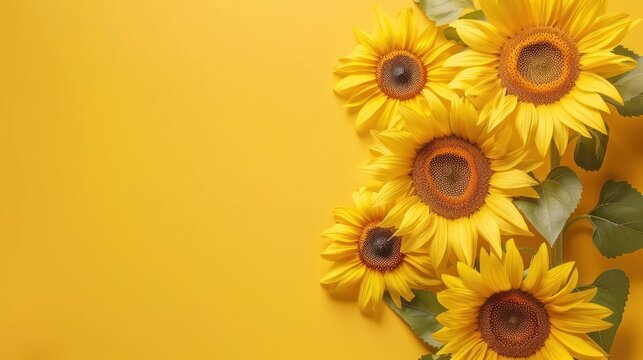 Close up of a bunch of beautiful blooming yellow sunflowers with blur background. Generated AI image