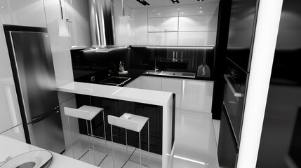 Minimalist modern clean kitchen interior model white and black colors. Generated AI image