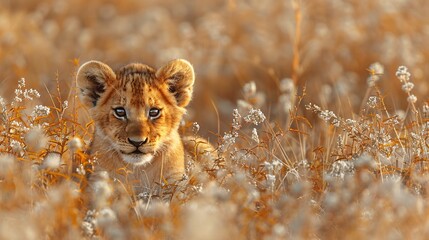 Lion cub lying in the tall dry grass, far away from the camera
