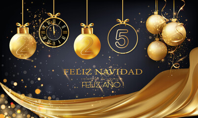tarjeta o diadema para desear una Feliz Navidad y un Próspero Año Nuevo 2025 en dorado y negro que consta de adornos navideños y un reloj debajo de una cortina dorada de círculos con efecto bokeh sobr - 750581036
