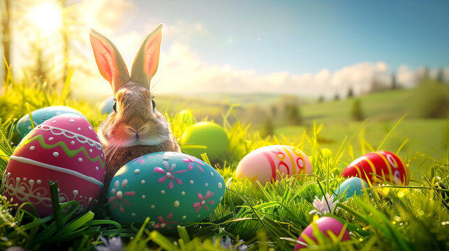 Bright Easter eggs in green lush grass against the backdrop of a bright sunny day, hyper-realistic photo