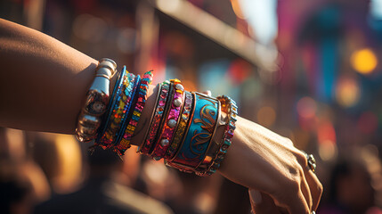 Various bracelets in women's hands at a jewelry store, women wears a beautiful multicolors bangles in hr hand - obrazy, fototapety, plakaty