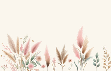 Horizontal watercolor floral backdrop decorated with dried flowers and leaves border. - obrazy, fototapety, plakaty