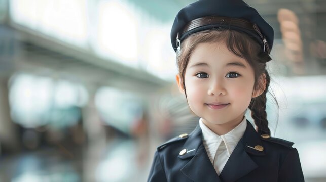 Portrait a cute little girl model pose wearing police uniform blur background. Generated AI image