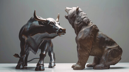 Bull and Bear Statues Facing Off, Bronze statues of a bull and a bear in aggressive stances facing each other, symbolizing financial market trends on a white background.