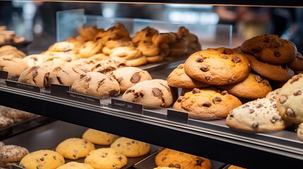 Naklejka premium Cookies and sweet buns in retail display.