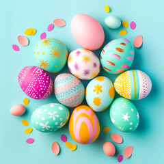 Fototapeta na wymiar Bright color decorated easter eggs on the pastel background, 3D illustration.