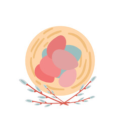 Easter eggs basket and willow flat design set