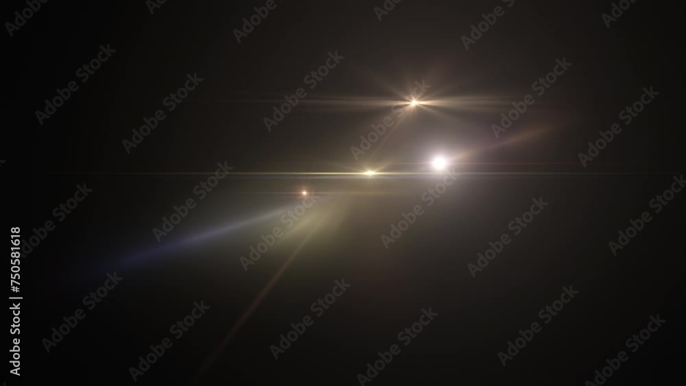 Poster abstract gold optical shine light lens flares moving from bottom left to center animation on black b