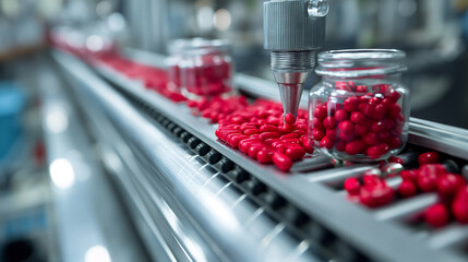 Red tablets being filled into a jar on an automated line in a pharmaceutical factory - obrazy, fototapety, plakaty