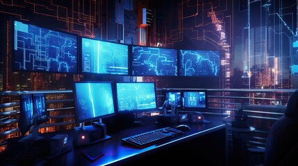 Cyberpunk Industrial room with huge monitors on the screens of which there is a lot of data. Hacker's lair. Futuristic 3D illustration.


