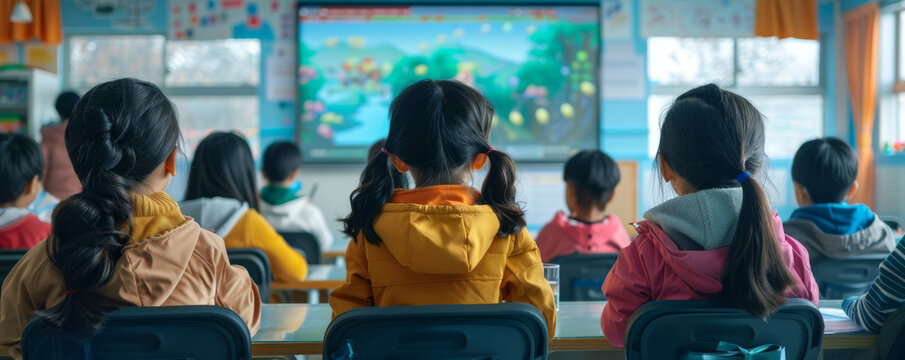 A digital classroom where students solve complex mathematical formulas through interactive games fostering a love for learning and problem solving