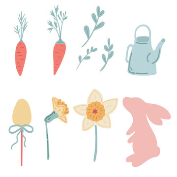 Easter springtime flat design set with rabbit carrot and flowers