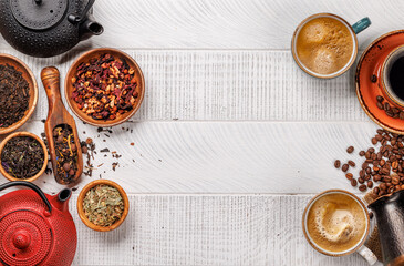 A tantalizing display of roasted coffee beans and dry tea leaves, accompanied by an espresso coffee...