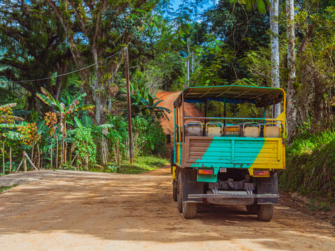 Guanayara National Park, Trinidad, Cuba. Soviet truck adapted for tourist trips through the mountains of Cuba in Guanayara Park. Military camouflage ZIL truck. Tourist routes in Guanayara Park