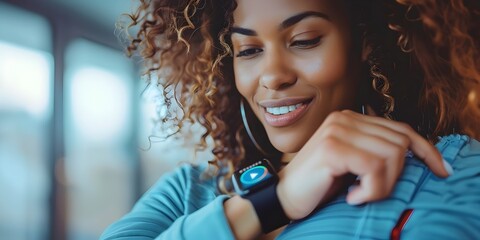 Woman Smiling at her Smart Watch - obrazy, fototapety, plakaty