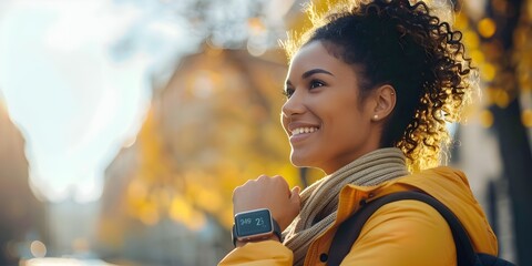 Woman Enjoying Outdoors with Smart Watch in Fall Season - obrazy, fototapety, plakaty