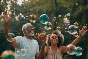 An exuberant senior couple reaches for the sky, surrounded by a cascade of iridescent soap bubbles in a lush garden. - Powered by Adobe