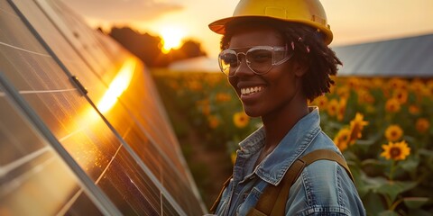 Black Woman Solar Worker in Field at Sunset - obrazy, fototapety, plakaty