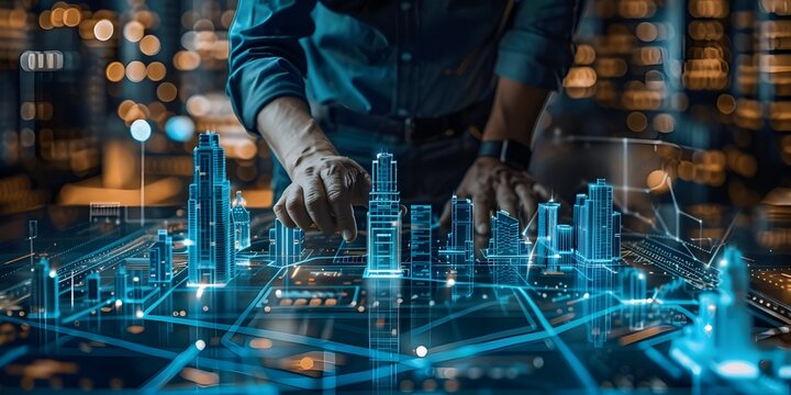 Man Interacting with Futuristic Cityscape on Touch Screen