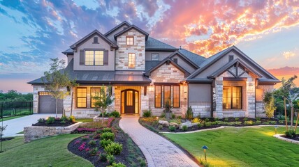 a beautiful home exterior, showcasing its architectural elegance and inviting ambiance, ideal for real estate marketing to attract potential buyers. - obrazy, fototapety, plakaty