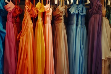A captivating lineup of summer evening dresses in a rainbow of colors, ranging from vibrant pink to deep violet, each dress tailored with a unique neckline, radiates a festive and joyful mood. - obrazy, fototapety, plakaty