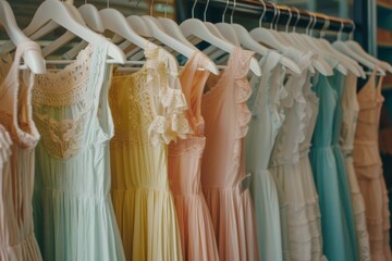 A series of delicate pastel dresses adorned with intricate lace details exude a vintage charm, perfect for a romantic evening or a sophisticated garden party.