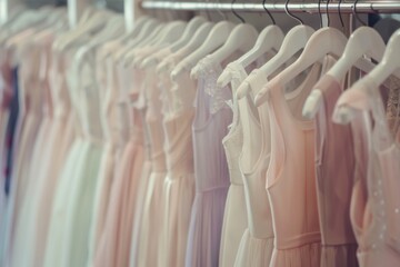 A dreamy collection of bridesmaid dresses in muted pastels, each adorned with delicate details, ready to complement any wedding theme with their understated elegance and soft charm.