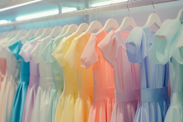 A cascade of sleeveless pastel dresses in a rainbow arrangement, radiating summer charm and casual elegance on a retail display.