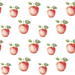 Seamless pattern with watercolor red apples. Hand drawn illustration.