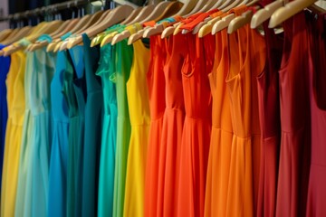 A captivating display of sleeveless dresses in a gradient of vibrant colors, each dress offering a slice of summer's exuberant palette.