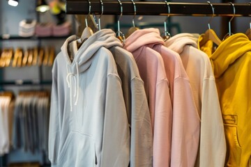 A range of pastel-colored hoodies hangs on a shop rack, the vibrant yellow standing out against softer hues, offering a glimpse into current casual fashion trends.