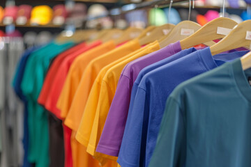 Fototapeta premium A selective focus on a row of plain T-shirts in an array of bold colors, each draped over a wooden hanger, signifying diverse fashion choices.