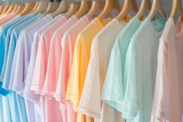 plain t-shirts in pale colors hanging on hanger in store --ar 3:2 Job ID: bf91bacf-7dbe-42cf-ba72-7ca477d0de0d