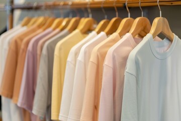 A range of pastel-colored shirts hangs on a shop rack.