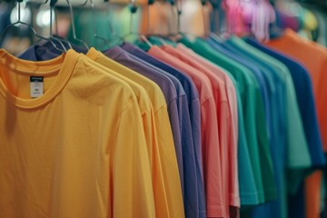A curated selection of plain T-shirts in a gradient of artificial colors, presented on a shop rack, highlighting the variety of available fashion choices.