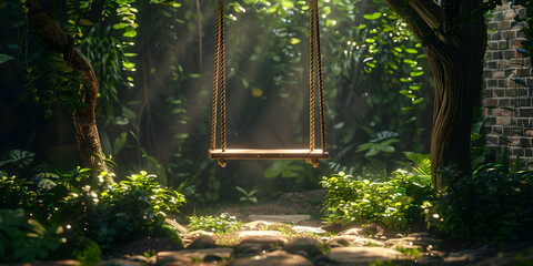 Empty swing among trees, A Swing set in the forest
