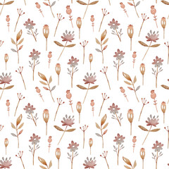 Seamless pattern with watercolor delicate pink small flowers.