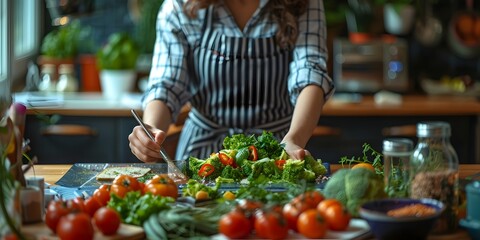 Woman Preparing a Fresh and Healthy Vegetable Salad in the Kitchen