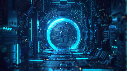 Cybersecurity sci-fi technology background with perspective view of empty room and door with padlock
