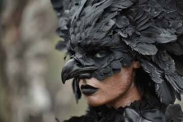 A striking close-up of an individual in a raven costume, the black feathers and beak mask exude an air of mystery and elegance, perfect for thematic events.