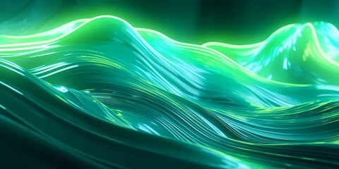 Neon green and cyan waves in 3D, their reflective surface enhancing their vibrant colors, creating a dynamic scene.