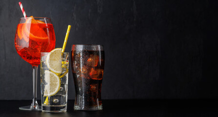 Aperol spritz, cola and gin tonic cocktails
