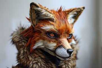 A detailed close-up of a person wearing a strikingly realistic fox head costume, highlighting the deep gaze and intricate fur texture.