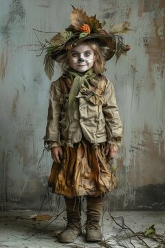 A child adorned with fall foliage and playful makeup smiles, capturing the enchanting essence of autumn in a whimsical costume.